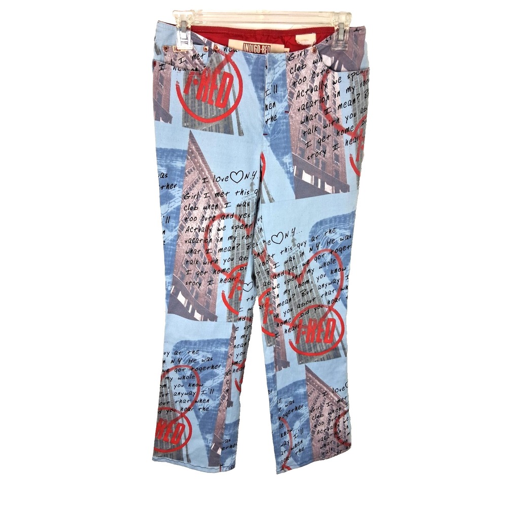 Vintage Japanese Denim Indigo Red All Over Graphic‎ Print Jeans Womens Size 6